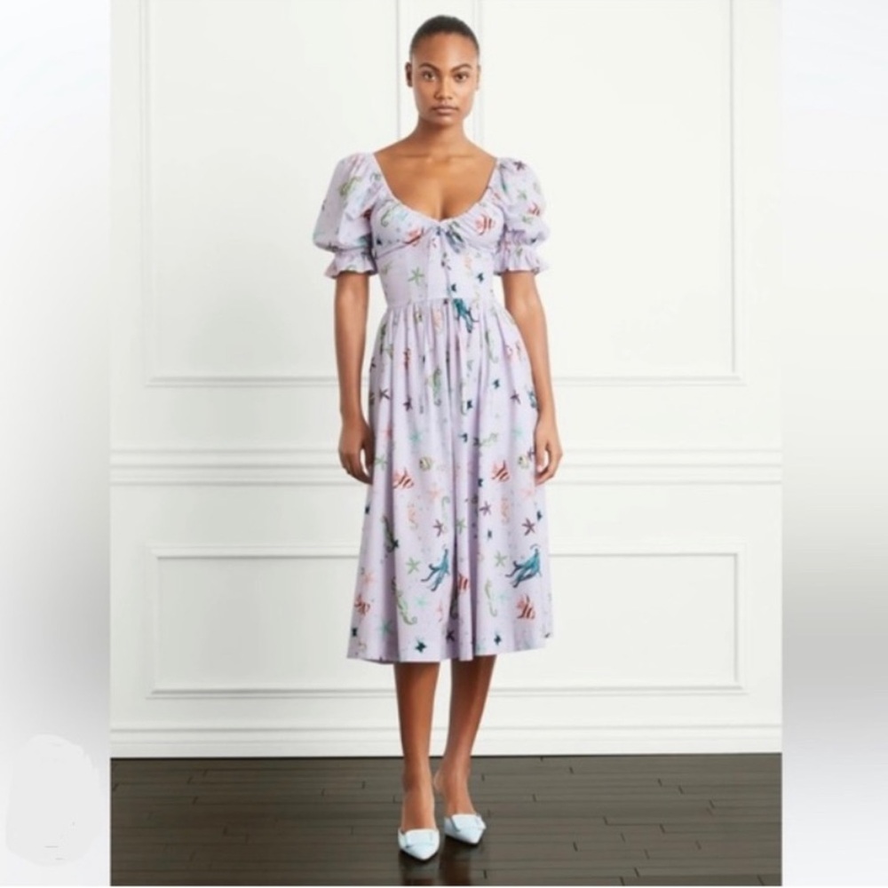 Hill House Sea Creatures Fish Print Puff Sleeve Midi Ophelia Dress - Picture 14 of 14